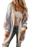 LC2711769-P422-S, LC2711769-P422-M, LC2711769-P422-L, LC2711769-P422-XL, Light Blue Checkered Drop Shoulder Exposed Seam Open Front Cardigan