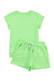 LC626216-P809-S, LC626216-P809-M, LC626216-P809-L, LC626216-P809-XL, Light Green Checkered Textured Tee and Drawstring Shorts