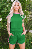 LC626052-P9-S, LC626052-P9-M, LC626052-P9-L, LC626052-P9-XL, LC626052-P9-2XL, Green Contrast Trim Cable Textured Shorts Set