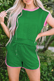 LC626052-P9-S, LC626052-P9-M, LC626052-P9-L, LC626052-P9-XL, LC626052-P9-2XL, Green Contrast Trim Cable Textured Shorts Set