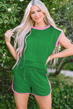 LC626052-P9-S, LC626052-P9-M, LC626052-P9-L, LC626052-P9-XL, LC626052-P9-2XL, Green Contrast Trim Cable Textured Shorts Set