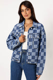 LC788573-P4-S, LC788573-P4-M, LC788573-P4-L, LC788573-P4-XL, LC788573-P4-2XL, Light Blue Checkered Patchwork Button up Denim Jacket