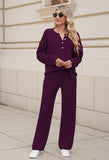 Women's 2 Piece Outfit Set Long Sleeve Button Pullover Sweater Top and Wide Leg Pants