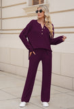 Women's 2 Piece Outfit Set Long Sleeve Button Pullover Sweater Top and Wide Leg Pants