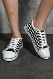 Women's Black White Checkerboard Graphic Lace up Canvas Slip on Shoes