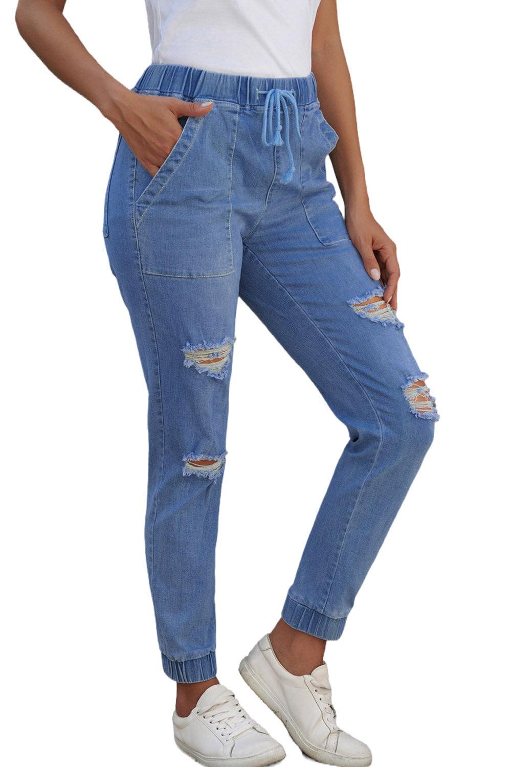 Sky Blue Pocketed Distressed Denim Joggers  Denim joggers, Denim pants  women, Distressed denim