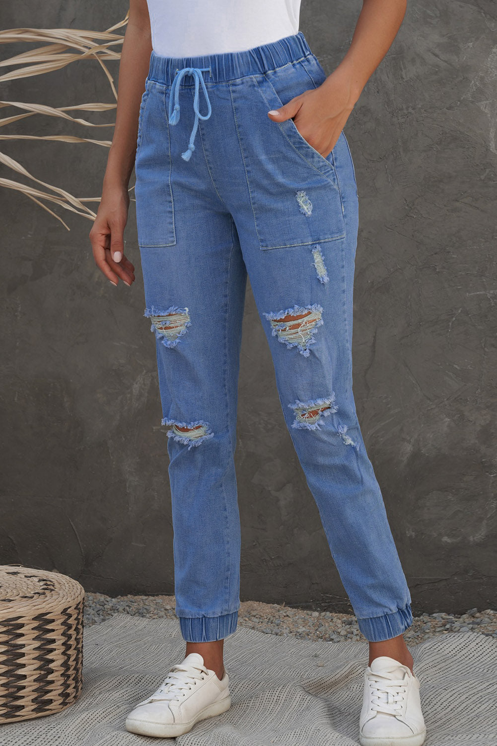 Sky Blue Pocketed Distressed Denim Joggers  Denim joggers, Denim pants  women, Distressed denim