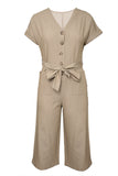 LC643609-16-S, LC643609-16-M, LC643609-16-L, LC643609-16-XL, LC643609-16-2XL, Khaki Women's Casual Long Pants Romper V Neck Pocketed Jumpsuit