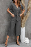 LC643609-11-S, LC643609-11-M, LC643609-11-L, LC643609-11-XL, LC643609-11-2XL, Gray Women's Casual Long Pants Romper V Neck Pocketed Jumpsuit