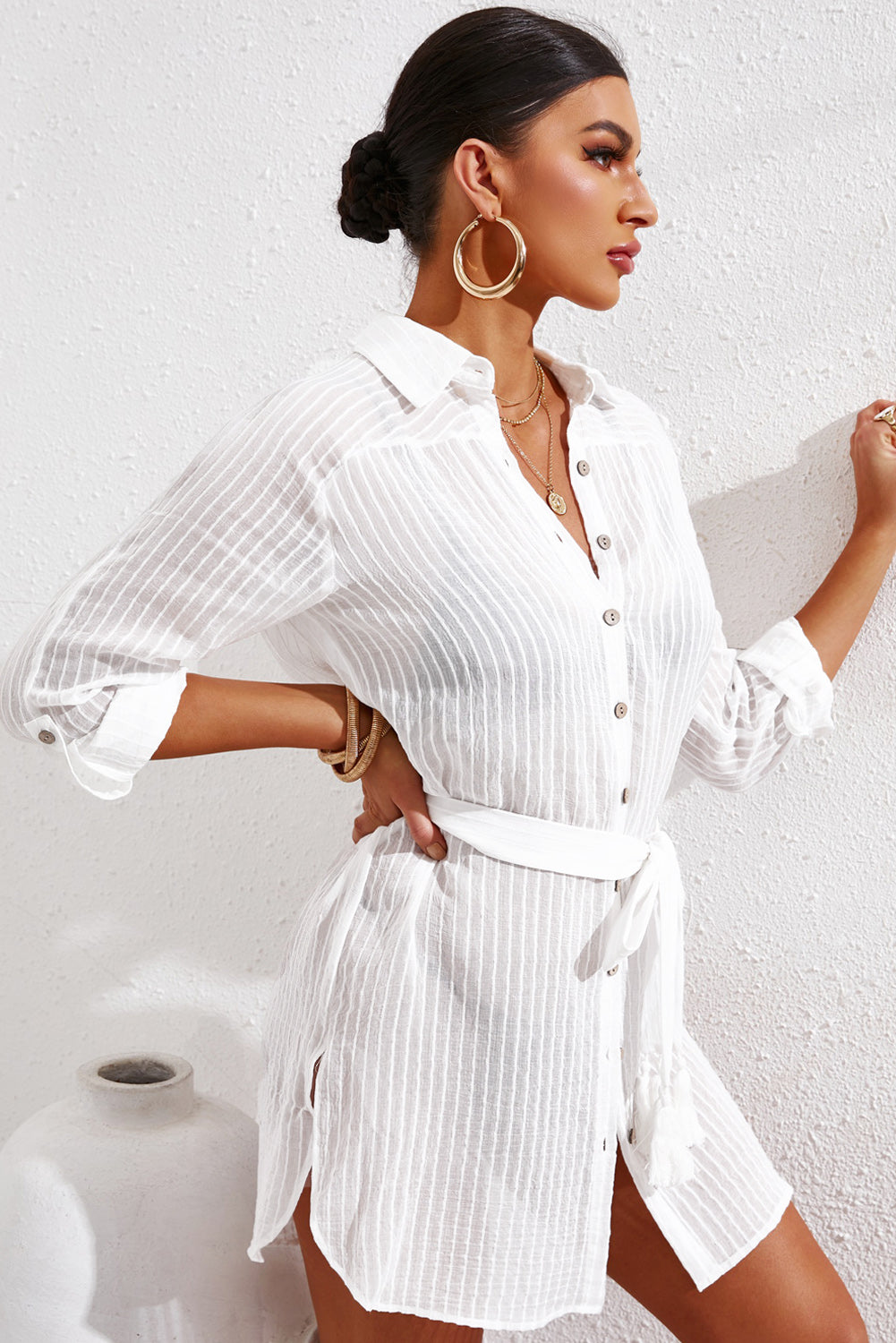 White Striped Button-Up Swim Cover-Up Top | Womens | Medium (Available in L) | Lulus