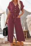 LC643609-6-S, LC643609-6-M, LC643609-6-L, LC643609-6-XL, LC643609-6-2XL, Rose Women's Casual Long Pants Romper V Neck Pocketed Jumpsuit