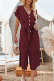 LC643609-3-S, LC643609-3-M, LC643609-3-L, LC643609-3-XL, LC643609-3-2XL, Red Women's Casual Long Pants Romper V Neck Pocketed Jumpsuit