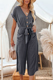 LC643609-11-S, LC643609-11-M, LC643609-11-L, LC643609-11-XL, LC643609-11-2XL, Gray Women's Casual Long Pants Romper V Neck Pocketed Jumpsuit