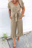 LC643609-16-S, LC643609-16-M, LC643609-16-L, LC643609-16-XL, LC643609-16-2XL, Khaki Women's Casual Long Pants Romper V Neck Pocketed Jumpsuit