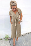 LC643609-16-S, LC643609-16-M, LC643609-16-L, LC643609-16-XL, LC643609-16-2XL, Khaki Women's Casual Long Pants Romper V Neck Pocketed Jumpsuit