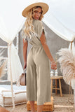 LC643609-16-S, LC643609-16-M, LC643609-16-L, LC643609-16-XL, LC643609-16-2XL, Khaki Women's Casual Long Pants Romper V Neck Pocketed Jumpsuit