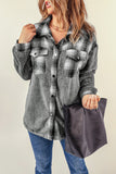 LC8512482-11-S, LC8512482-11-M, LC8512482-11-L, LC8512482-11-XL, LC8512482-11-2XL, Gray Women's Button Down Pocket Coat Plaid Shacket