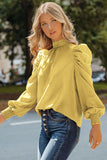 LC25115398-7-S, LC25115398-7-M, LC25115398-7-L, LC25115398-7-XL, LC25115398-7-2XL, Yellow Mock Neck Puff Long Sleeve Blouses Chiffon Casual Loose Shirts Tops