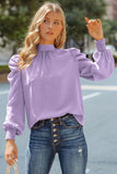 LC25115398-8-S, LC25115398-8-M, LC25115398-8-L, LC25115398-8-XL, LC25115398-8-2XL, Purple Mock Neck Puff Long Sleeve Blouses Chiffon Casual Loose Shirts Tops