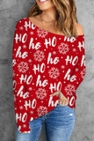 Merry Christmas HO Print Off the Shoulder Long Sleeve Blouse Tops