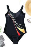 LC443354-2-S, LC443354-2-M, LC443354-2-L, LC443354-2-XL, LC443354-2-2XL, Black Women One Piece Swimsuit Striped Pattern Print Sleeveless Bathing Suit