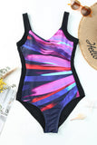 LC443354-8-S, LC443354-8-M, LC443354-8-L, LC443354-8-XL, LC443354-8-2XL, Purple Women One Piece Swimsuit Striped Pattern Print Sleeveless Bathing Suit