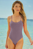 LC443450-8-S, LC443450-8-M, LC443450-8-L, LC443450-8-XL, LC443450-8-2XL, Purple Women One Piece Swimsuit Tassel Tie Straps Ribbed Bathing Suit