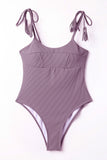 LC443450-8-S, LC443450-8-M, LC443450-8-L, LC443450-8-XL, LC443450-8-2XL, Purple Women One Piece Swimsuit Tassel Tie Straps Ribbed Bathing Suit