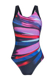 LC443354-8-S, LC443354-8-M, LC443354-8-L, LC443354-8-XL, LC443354-8-2XL, Purple Women One Piece Swimsuit Striped Pattern Print Sleeveless Bathing Suit