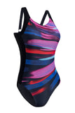 LC443354-8-S, LC443354-8-M, LC443354-8-L, LC443354-8-XL, LC443354-8-2XL, Purple Women One Piece Swimsuit Striped Pattern Print Sleeveless Bathing Suit