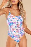 LC443502-10-S, LC443502-10-M, LC443502-10-L, LC443502-10-XL, Pink Floral Print Lace-up High Waist One Piece Swimsuit Swimwear