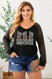 PL252144-2-1X, PL252144-2-2X, PL252144-2-3X, PL252144-2-4X, PL252144-2-5X, Black Plus Size Happy Easter T-Shirt for Women Bunny Rabbit Graphic Sheer Shirts Tops