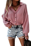 Solid Color Button Crinkled V Neck Shirt