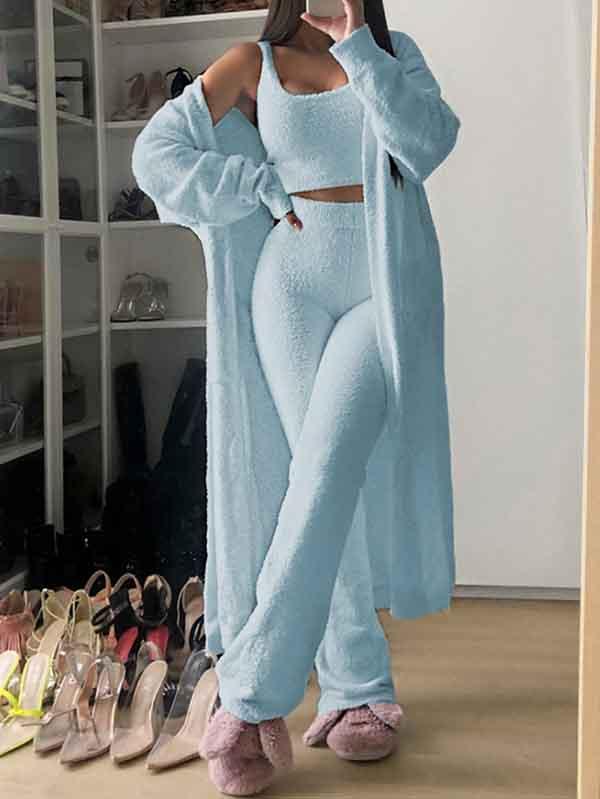 Womens Sexy 3 Piece Outfits Fuzzy Fleece Open Front Hooded