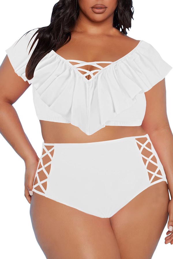 Two Piece Plus Size Swimsuit for Women Ruffle Lace Up Tummy