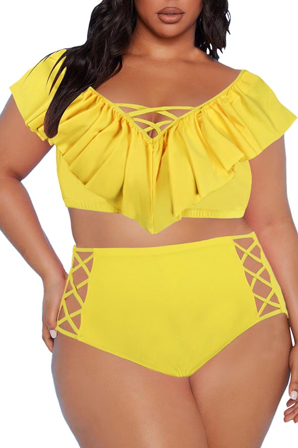 Two Piece Plus Size Swimsuit for Women Ruffle Lace Up Tummy