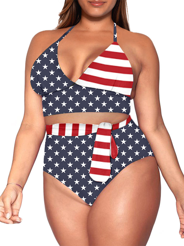 Plus Size Two Piece Bikini Swimsuits USA Flag Print Tummy Control