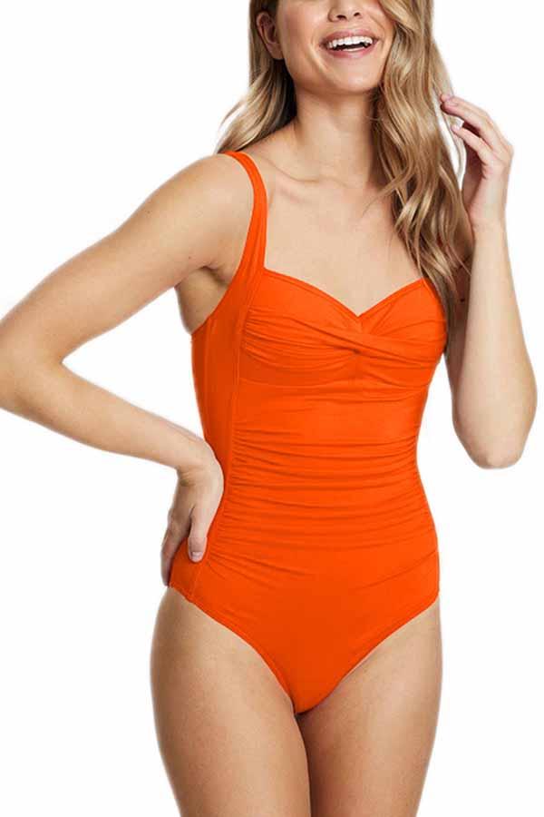 RQYYD Clearance Women Deep V Neck Halter One Piece Swimsuit Solid Ruched  Tummy Control Bathing Suit(Orange,XL) 