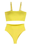 Womens Sexy Plain Bandeau Top&High Waist Bottom Bikini Set Yellow