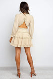 Women's Long Sleeve V Neck Mini Dress Ruffle Detailing Open Back Dress